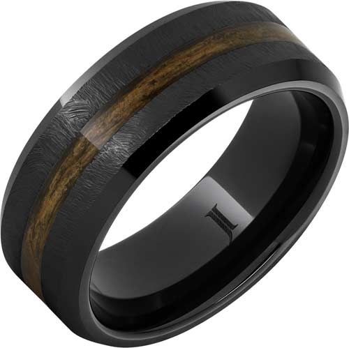 Black Ceramic Ring with Bourbon Barrel Wood Inlay and Grain Finish 8mm