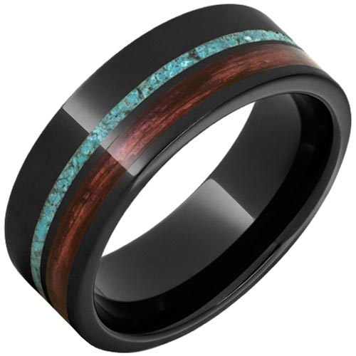 Black Ceramic Ring with Cabernet Barrel and Turquoise Inlay 8mm