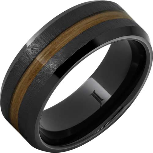 Black Ceramic Ring with Single Malt Scotch Whskey Barrel Wood Inlay and Grain Finish 8mm
