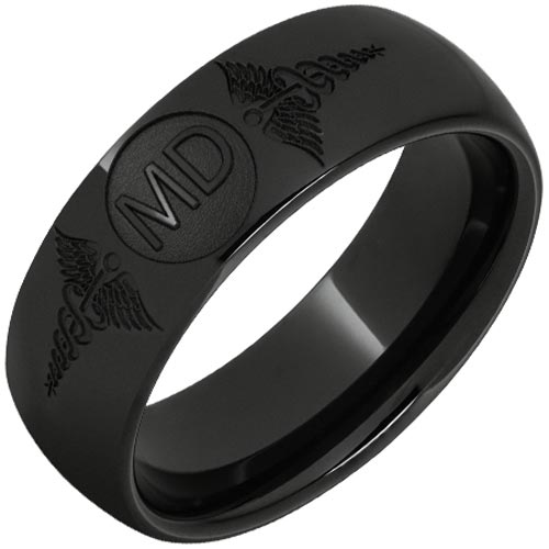 Black Ceramic MD Ring with Laser Engraved Caduceus 8mm