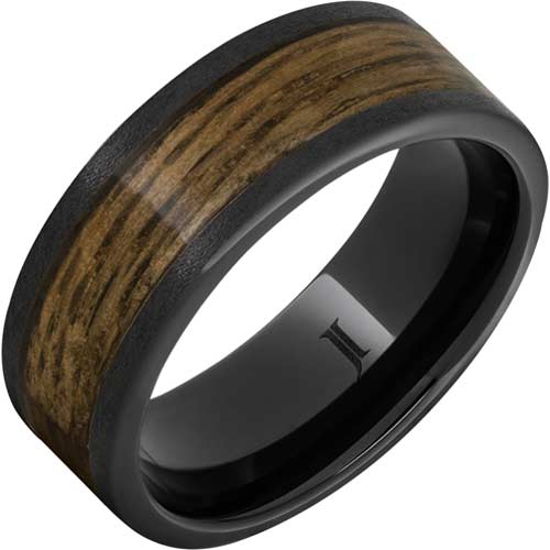 Black Ceramic Ring with Bourbon Barrel Wood Inlay and Stone Finish 8mm