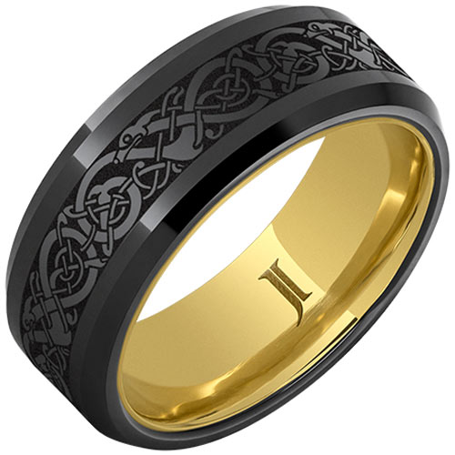 10k Yellow Hidden Gold Black Ceramic Ring Viking Laser Engraving 8mm