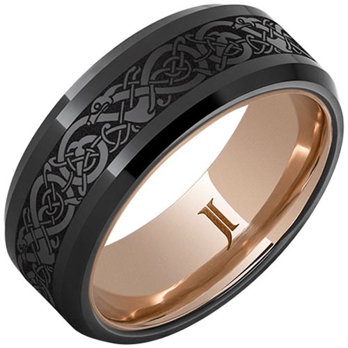 10k Rose Hidden Gold Black Ceramic Ring Viking Laser Engraving 8mm