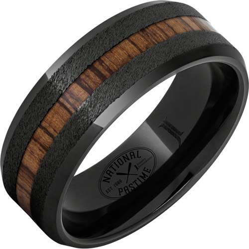 Black Ceramic Ring with Hickory Basseball Bat Wood Inlay and Grain Finish 8mm