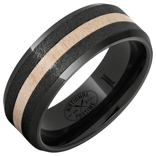 Black Ceramic Ring with Vintage Baseball Bat Maple Wood Inlay and Grain Finish