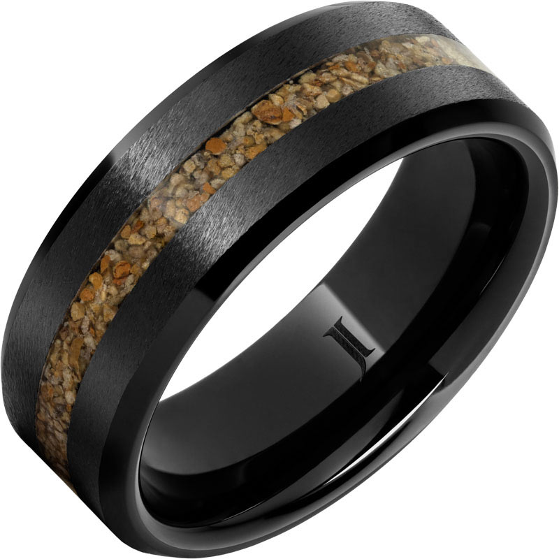 Jurassic Black Ceramic Ring with Brown Dinosaur Fossil Bone Inlay 8mm