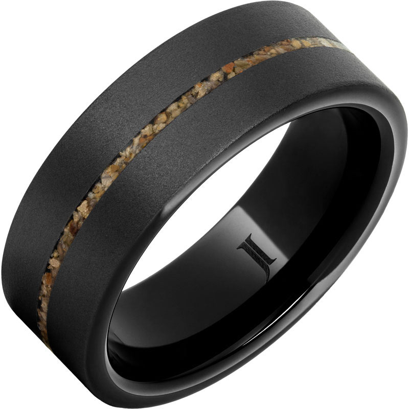 Jurassic Black Ceramic Ring with with Dinosaur Fossil Inlay and Sandblast Finish 8mm