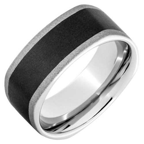 Serinium Square Ring with Black Ceramic Inlay Sandblast Finish 8mm