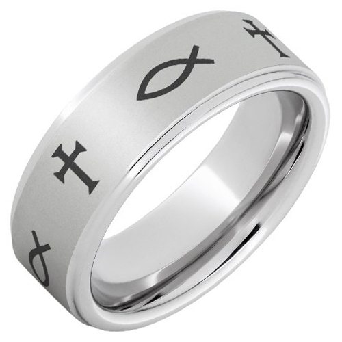 Serinium Ring with Ichthus Laser Engraving and Grooved Edges 8mm