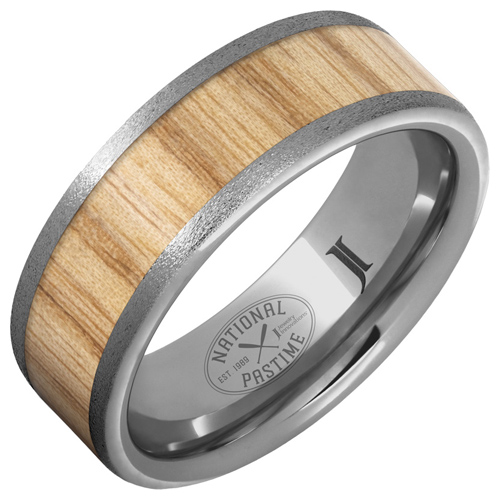 Tungsten Ring with Vintage Baseball Bat White Ash Wood Inlay and Stone Finish