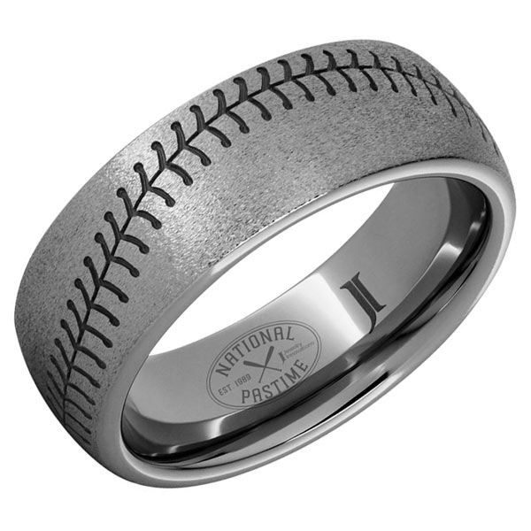 Rugged Tungsten Baseball Ring with Stone Finish