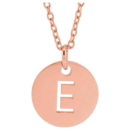 14k Rose Gold Cut-out Initial E Disc Necklace