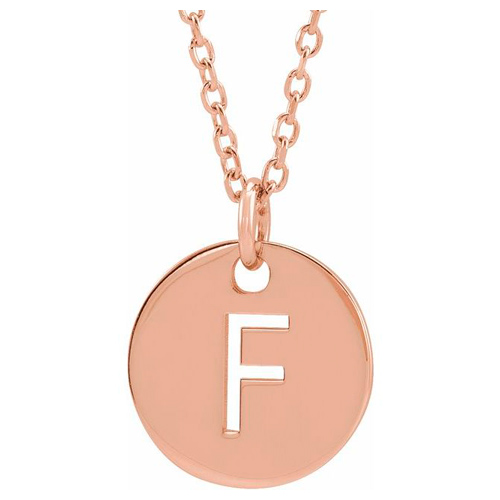 14k Rose Gold Cut-out Initial F Disc Necklace