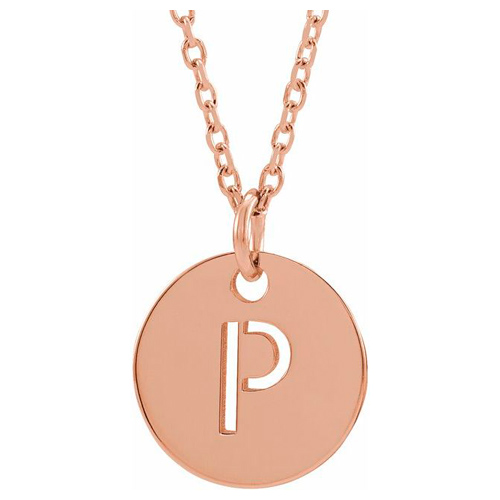 14k Rose Gold Cut-out Initial P Disc Necklace