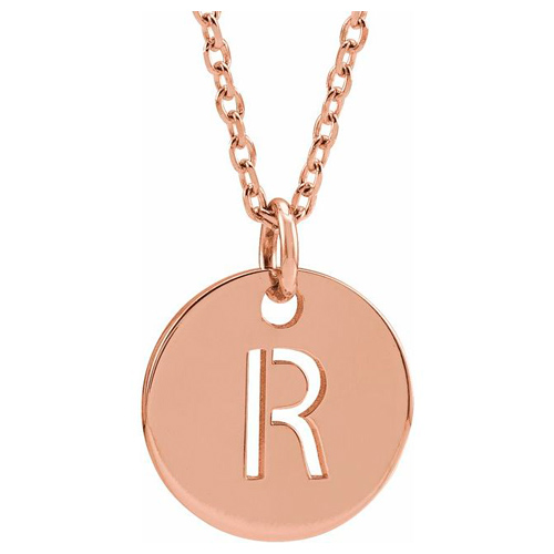 14k Rose Gold Cut-out Initial R Disc Necklace