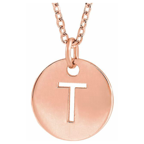 14k Rose Gold Cut-out Initial T Disc Necklace