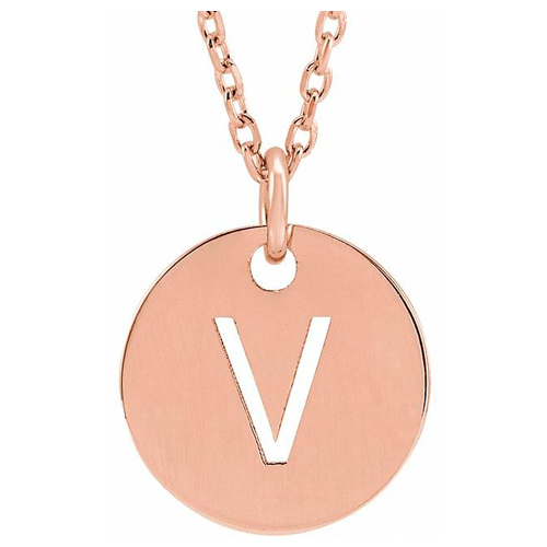 14k Rose Gold Cut-out Initial V Disc Necklace