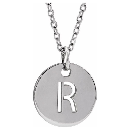 14k White Gold Cut-out Initial R Disc Necklace