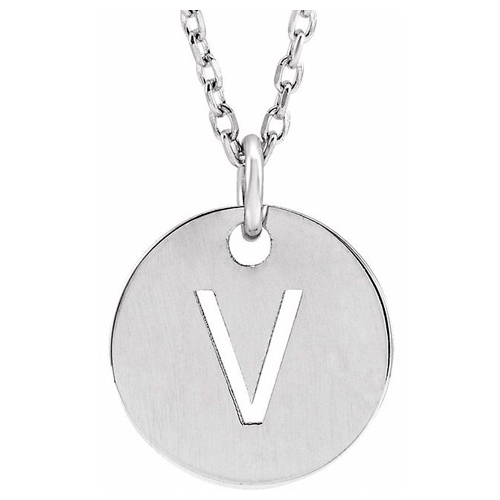 14k White Gold Cut-out Initial V Disc Necklace
