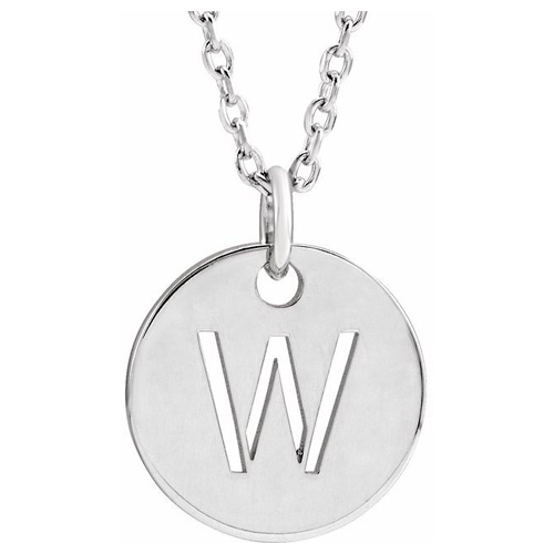 14k White Gold Cut-out Initial W Disc Necklace