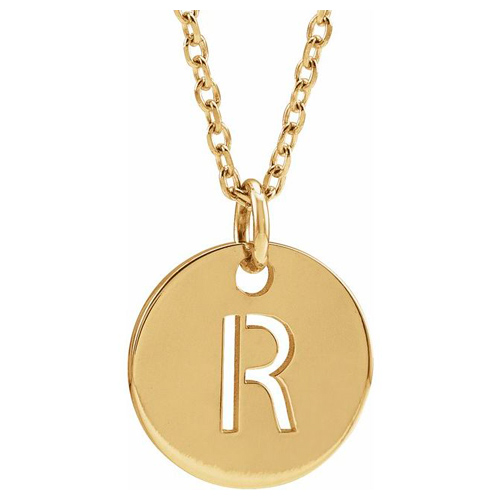14k Yellow Gold Cut-out Initial R Disc Necklace