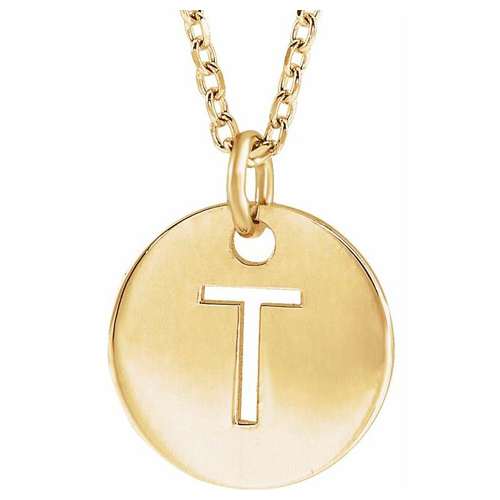 14k Yellow Gold Cut-out Initial T Disc Necklace