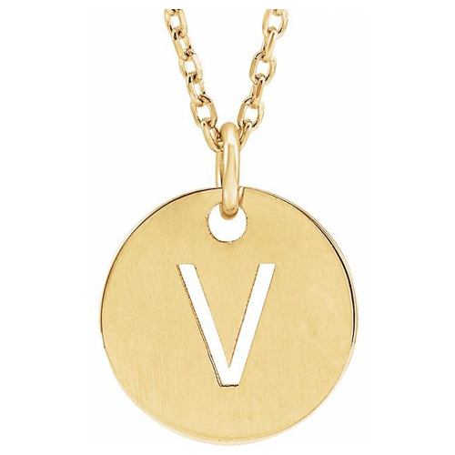 14k Yellow Gold Cut-out Initial V Disc Necklace