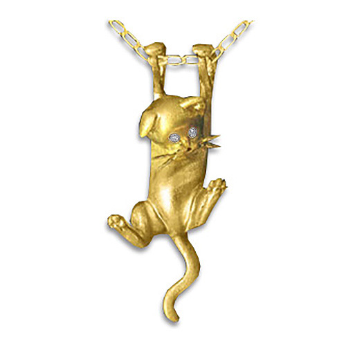 14k Yellow Gold Dangling Kitten Pendant with Diamond Eyes by Jack Slack