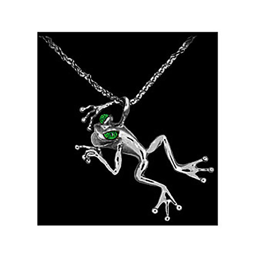 14k White Gold Frog Pendant with Emerald Eyes
