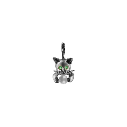 Crouching Kitten Pearl Pendant with Emerald Eyes Sterling Silver