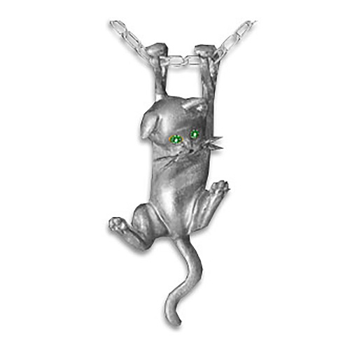 Sterling Silver Dangling Kitten Pendant with Emerald Eyes