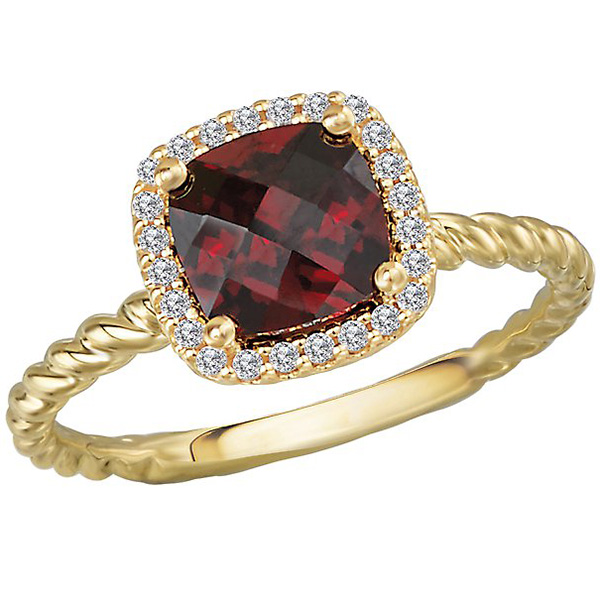 14k Yellow Gold 1.75 ct Cushion-cut Garnet and Diamond Halo Ring