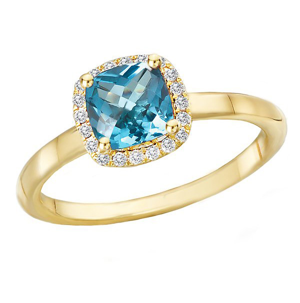 14k Yellow Gold 1 ct Cushion Swiss Blue Topaz and Diamond Halo Ring