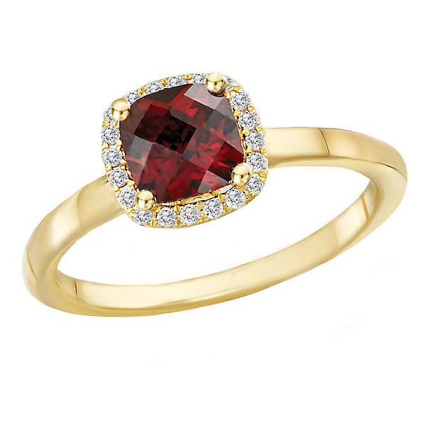 14k Yellow Gold 1 ct Cushion Garnet and Diamond Halo Ring