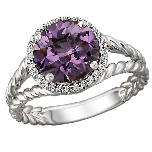 14k White Gold 4 ct Round Amethyst and Diamond Halo Ring With Rope Texture KI311511AMW