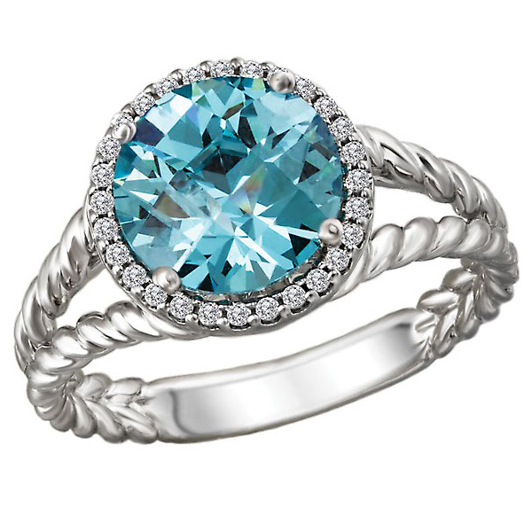 14k White Gold 4 ct Round Blue Topaz and Diamond Halo Ring With Rope Texture