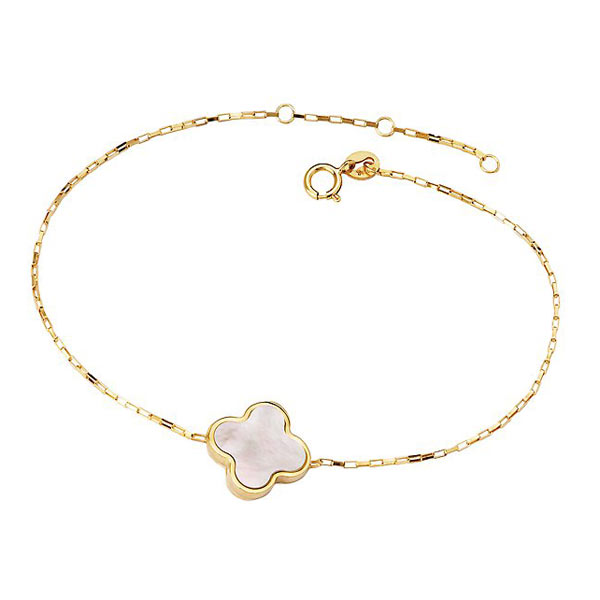 14k Yellow Gold Mother of Pearl Clover Charm Bracelet 