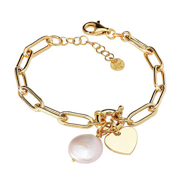 Gold-plated Sterling Silver Freshwater Cultured Coin Pearl Bracelet Heart Charm