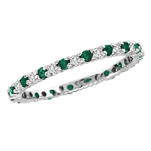 14kt White Gold Emerald Eternity Wedding Band with Diamonds