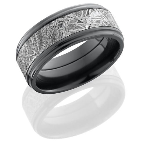 Black Zirconium 9mm Meteorite Ring with Flat Grooved Edges