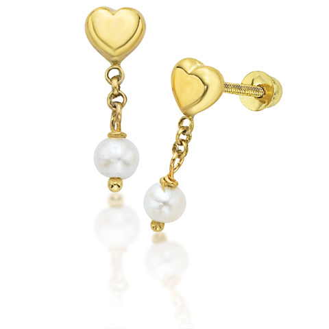 Princess Heart with Pearl Earrings - 14kt Yellow Gold