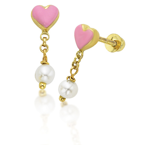 Princess Heart Enamel Pearl Earrings - 14kt Yellow Gold