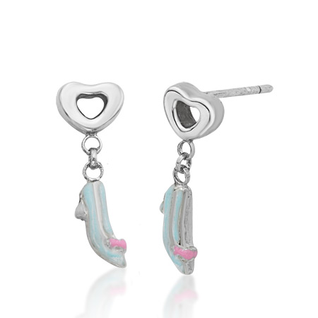 Cinderella Open Heart with Dangle Slipper Earrings - Sterling Silver