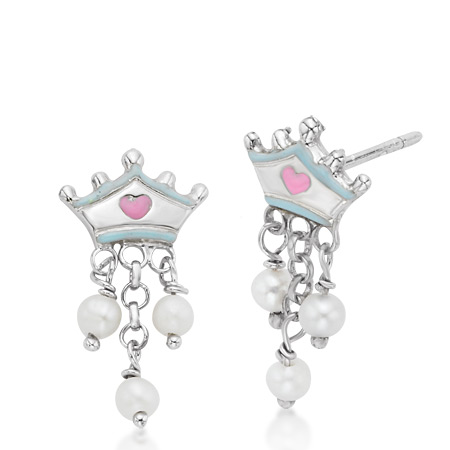 Cinderella Tiara Earrings with Dangling Pearls - Sterling Silver