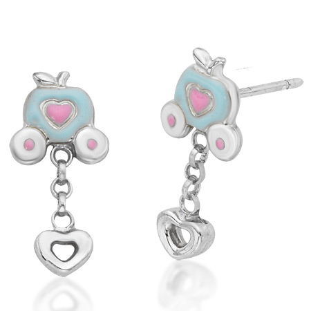 Cinderella Pumpkin Coach with Dangling Heart Earrings - Sterling Silver