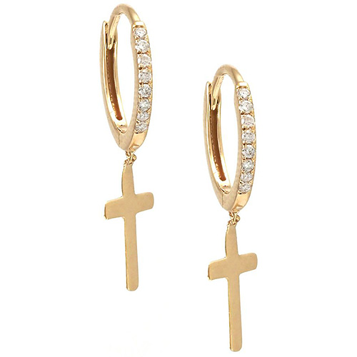 14k Yellow Gold Cross Dangle Micro Pave Diamond Hoop Earrings