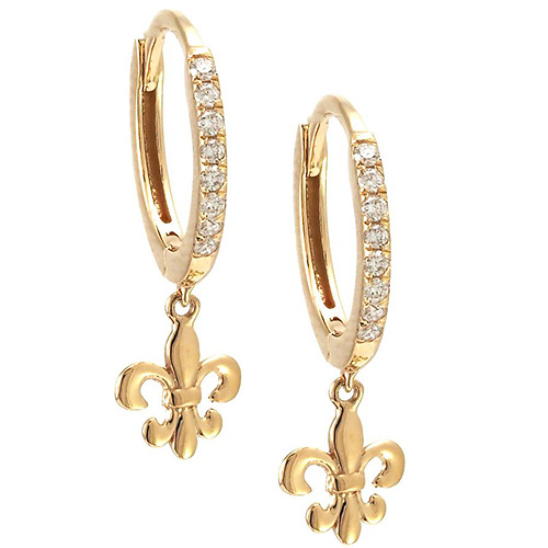 14k Yellow Gold Fleur de Lis Dangle Micro Pave Diamond Hoop Earrings