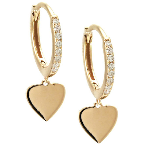 14k Yellow Gold Heart Micro Pave Diamond Hoop Earrings