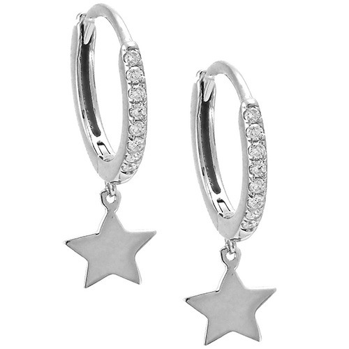 14k White Gold Star Dangle Micro Pave Diamond Hoop Earrings