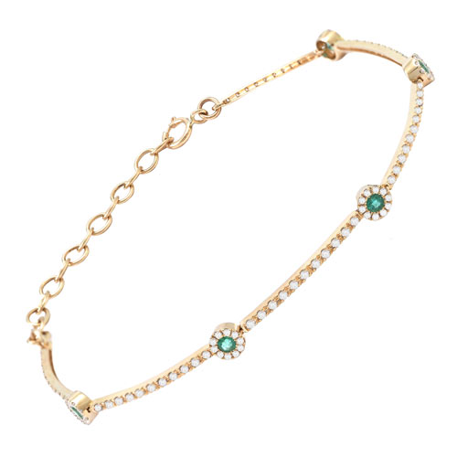 14k Yelow Gold Emerald and Diamond Micro Pave Station Bracelet